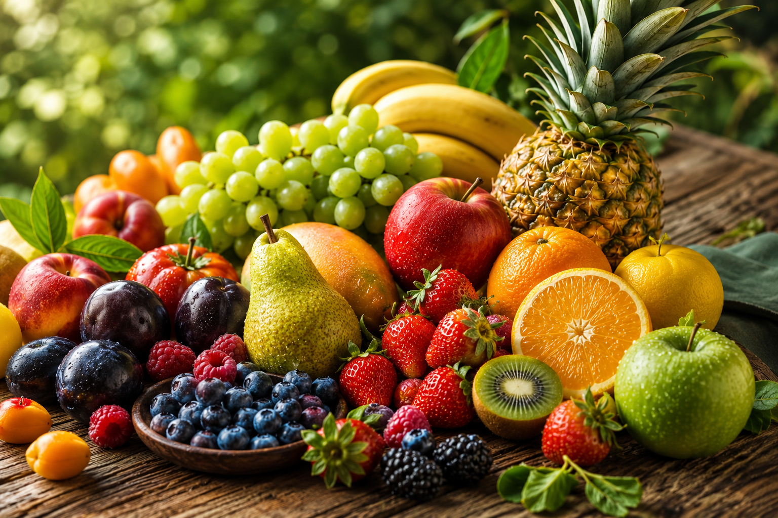 An abundant spread of fresh fruits on a rustic wooden table